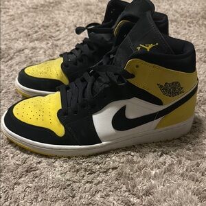 Nike Air Jordan 1; Black, Yellow, and White High-Top Sneakers size 12 US